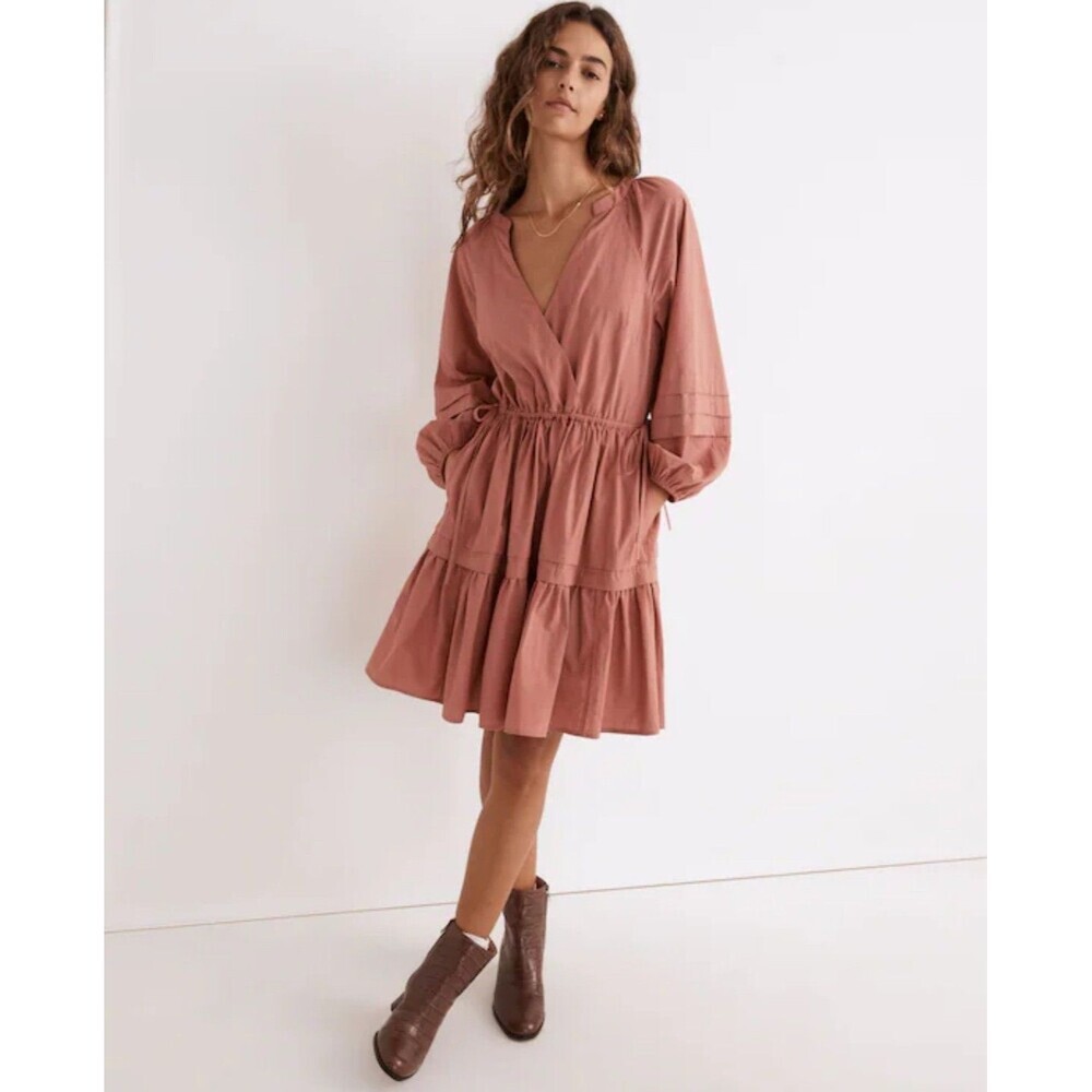 Madewell Crinkle Poplin Wrap Mini Dress XL Dusty Rose Pink Do Well Tiered Boho